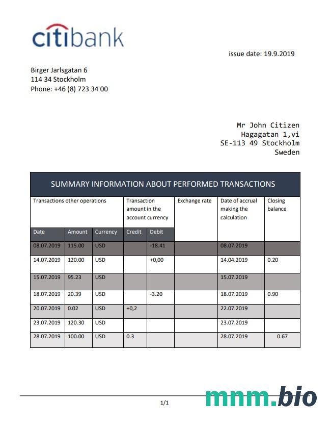 Szwecja Citibank szablon w formacie excel pdf